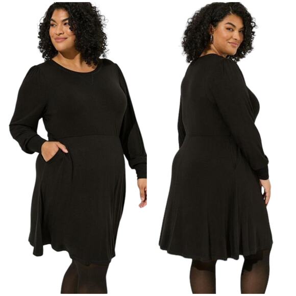 Torrid NWT Mini Super Soft Long Puff Sleeve Skater Dress Black Pockets Size 3X - Picture 1 of 6